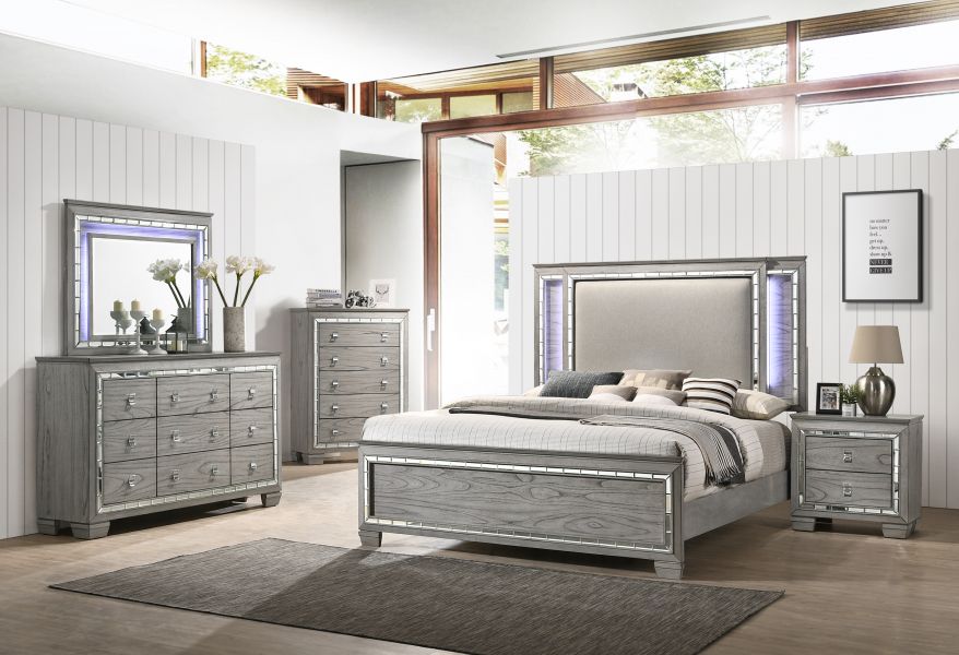 Acme Antares 4pc Queen Bedroom Set Led, Light Grey Headboard Full Length Mirrored