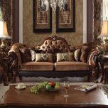 ACME Dresden Sofa Furniture Living Room Sets with 7 Pillows in Golden Brown Velvet and Cherry Oak