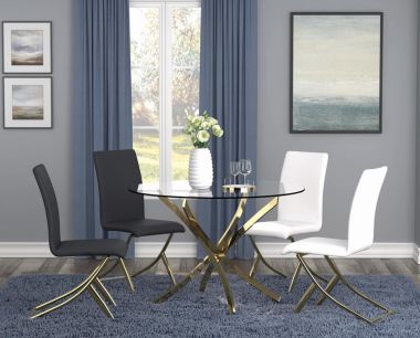 Coaster Chanel 5pc Round Dining Table Set in Brass and Clear with Side Chairs in White and Black