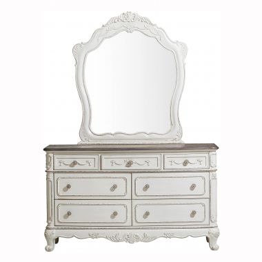 Homelegance Cinderella Dresser with Mirror in Antique White with Gray Rub-Through