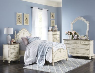 Homelegance Cinderella 4pc Full Bedroom Set in Antique White with Gray Rub-Through