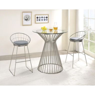 Coaster 3pc Round Glass Top Bar Table Set in Satin Nickel