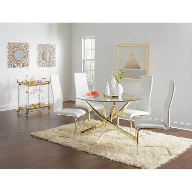 Coaster Chanel 5pc Round Dining Table Set in Brass and Clear with Side Chairs in White