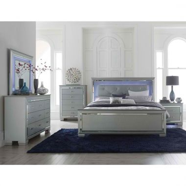 Homelegance Allura 4pc California King Bedroom Set with Led Headboard in Silver