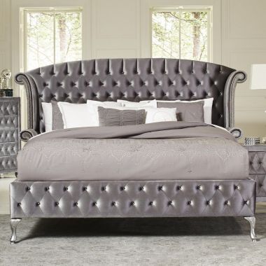 Coaster Deanna Upholstered Queen Bed with Button Tufting in Grey