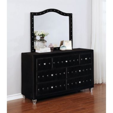 Coaster Deanna 7-Drawer Rectangular Dresser with Button Tufted Mirror in Black