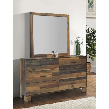 Coaster Sidney 6-Drawer Dresser with Square Mirror in Rustic Pine