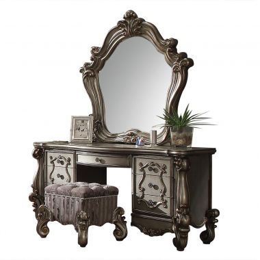 ACME Versailles 3pc Vanity Desk, Mirror & Stool in Antique Platinum