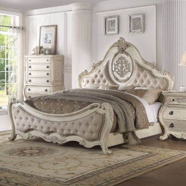 ACME Ragenardus Eastern King Bed in Fabric and Antique White
