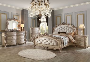 ACME Gorsedd 4pc California King Bedroom Set, Cream Fabric and Antique White