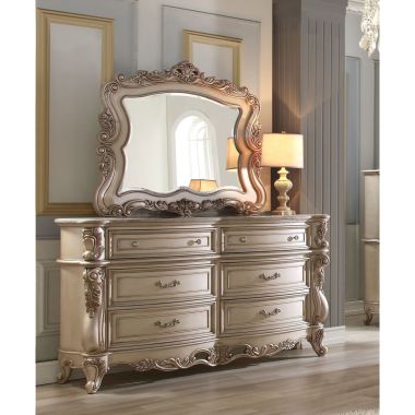 ACME Gorsedd Dresser with Mirror, Marble and Antique White