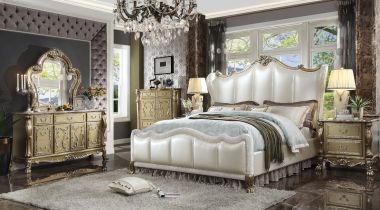 ACME Dresden II  4pc Queen Bedroom Set, Pearl White PU & Gold Patina