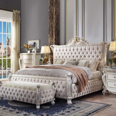ACME Picardy Eastern King Bed, Fabric & Antique Pearl
