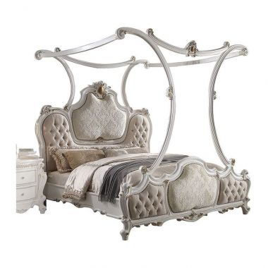 ACME Picardy Eastern King Bed with Canopy in Fabric & Antique Pearl