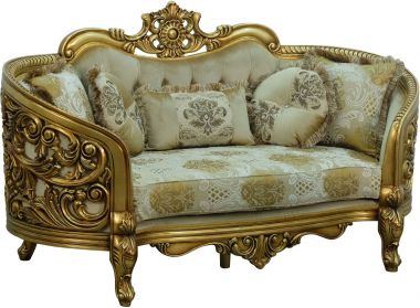 European Furniture Bellagio Loveseat in Antique Bronze, Beige/Gold Fabric