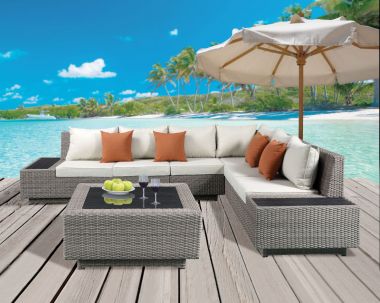 ACME Salena Patio Sectional & Cocktail Table, Beige Fabric & Gray Wicker