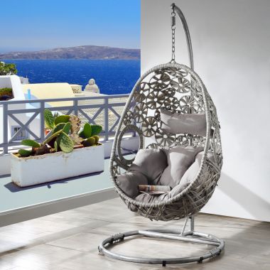 ACME Sigar Patio Hanging Chair with Stand -Â Light Gray Fabric & Wicker