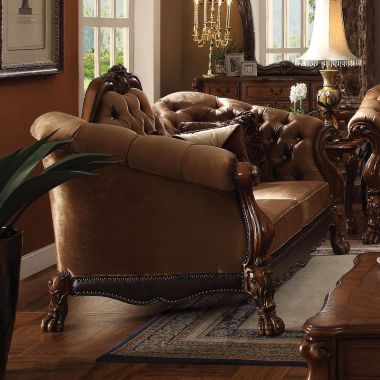 ACME Dresden Loveseat Furniture Living Room Sets with 5 Pillows in Golden Brown Velvet and Cherry Oak