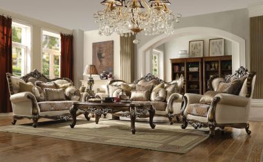 ACME Latisha 3pc Livingroom Set, Tan, Pattern Fabric & Antique Oak