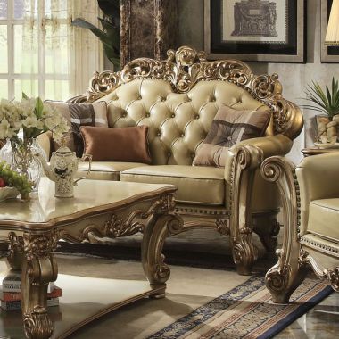 ACME Vendome Loveseat Furniture Living Room Sets with 3 Pillows in Gold Patina and Bone