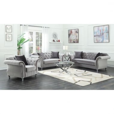 Coaster Frostine Glamorous 3pc Livingroom Set with Crystal Button Tufting in Silver