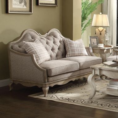 ACME Chelmsford Loveseat with 2 Pillows in Beige Fabric and Antique Taupe