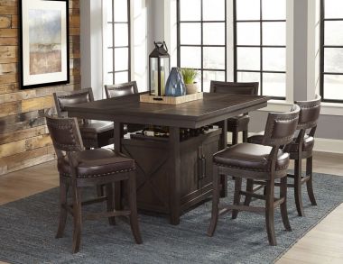 Homelegance Oxton 7pc Center Height Table Set with Storage in Distressed Dark Brown Cherry