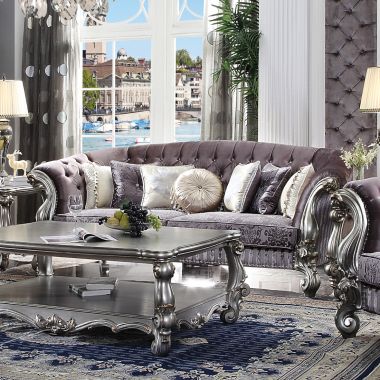ACME Versailles Sofa with Pillows, Velvet & Antique Platinum