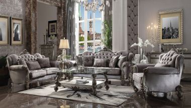 ACME Versailles 3pc Livingroom Set, Velvet & Antique Platinum