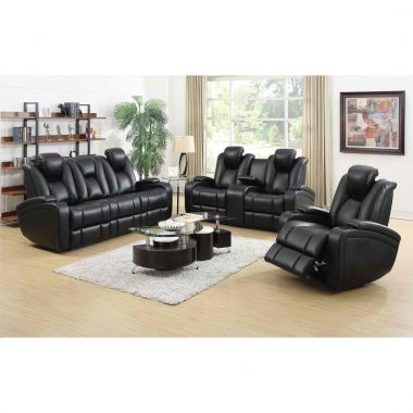 Coaster Delange Reclining Power 3pc Livingroom Set with Adjustable Headrests & Storage in Armrests in Black