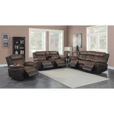Coaster Saybrook 3pc Tufted Cushion Motion Livingroom Set in Chocolate and Dark Brown