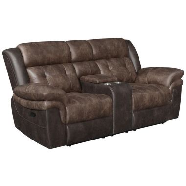 Coaster Saybrook Tufted Cushion Motion Loveseat in Chocolate and Dark Brown
