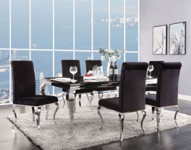 ACME Fabiola 7pc Dining Table Set, Stainless Steel and Black Glass