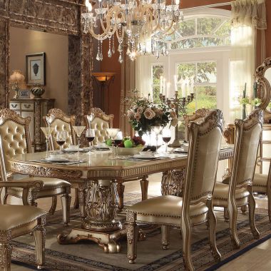 ACME Vendome Double Pedestal Furniture Dining Table in Gold Patina/Bone