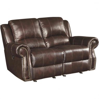 Coaster Sir Rawlinson Traditional Gliding Reclining Loveseat with Nailhead Studs in Burgundy Brown