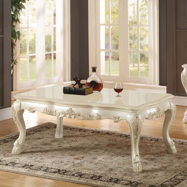 ACME Chantelle Coffee Table Furniture Living Room Sets in Pearl Finish and Marble Top