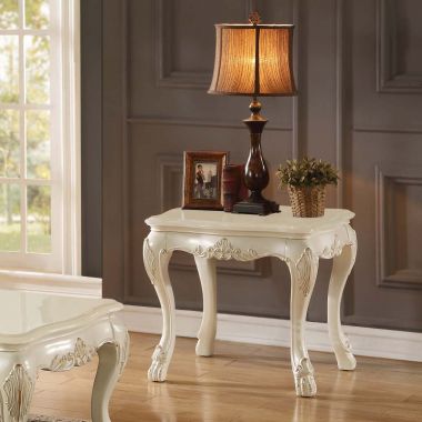 ACME Chantelle End Table Furniture Living Room Sets in Pearl Finish and Marble Top