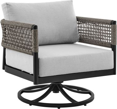 Armen Living Felicia Outdoor Patio Swivel Rocking Chair in Black Aluminum and Grey Rope with Cushions