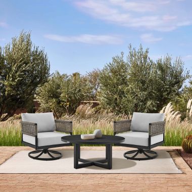 Armen Living Felicia and Argiope 3Pc Patio Outdoor Swivel Seating Set in Black Aluminum with Grey Rope
