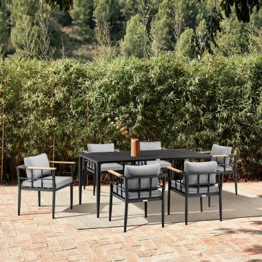 Armen Living Beowulf Outdoor Patio 7-Pc Dining Table Set in Aluminum and Teak with Grey Cushions