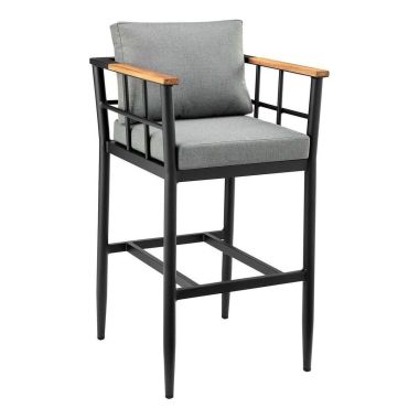 Armen Living Wiglaf Outdoor Patio Bar Stool in Aluminum and Teak with Grey Cushions