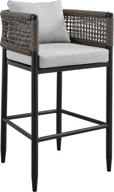 Armen Living Felicia Outdoor Patio Counter Height Bar Stool in Aluminum with Grey Rope and Cushions