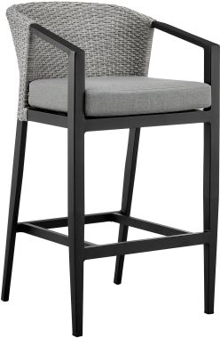 Armen Living Aileen Outdoor Patio Bar Stool in Aluminum and Wicker with Grey Cushions