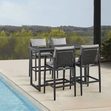 Armen Living Grand Outdoor Patio 5-Pc Bar Table Set in Aluminum with Grey Cushions