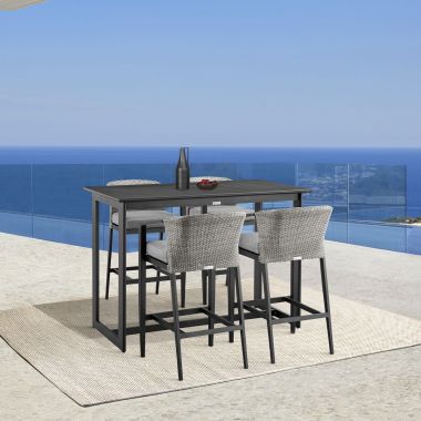Armen Living Aileen Outdoor Patio 5-Pc Bar Table Set in Aluminum with Grey Cushions