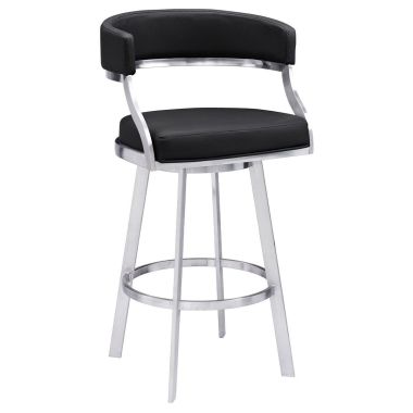 Armen Living Dione 30" Bar Height Swivel Black Faux Leather and Brushed Stainless Steel Bar Stool