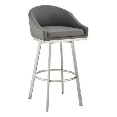 Armen Living Noran Swivel Bar Stool in Brushed Stainless Steel with Grey Faux Leather
