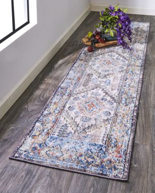 Feizy Armant Bohemian Distressed Runner, Ibiza Blue/Gray/Orange, 2ft - 3in x 7ft - 9in
