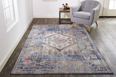 Feizy Armant Bohemian Distressed Rug, Ibiza Blue/Gray/Orange, 4ft x 5ft - 9in Area Rug