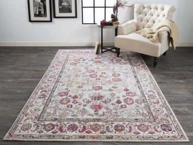 Feizy Armant Distressed Ornamental Area Rug with Border, Gray/Pink, 4ft x 5ft - 9in